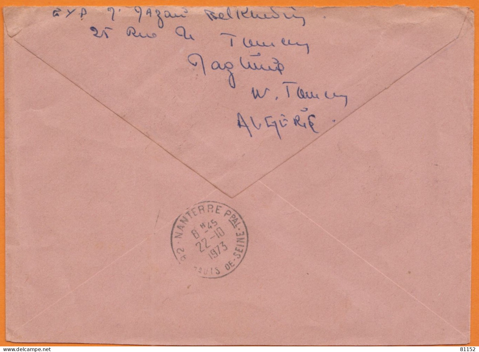 Lettre Recommandée De  MAGHNIA  Algérie   "  Avec 2 Bandes De 3 Timbres  5c Et 1F   Année 1973   Pour 92000 NANTERRE - Algérie (1962-...)