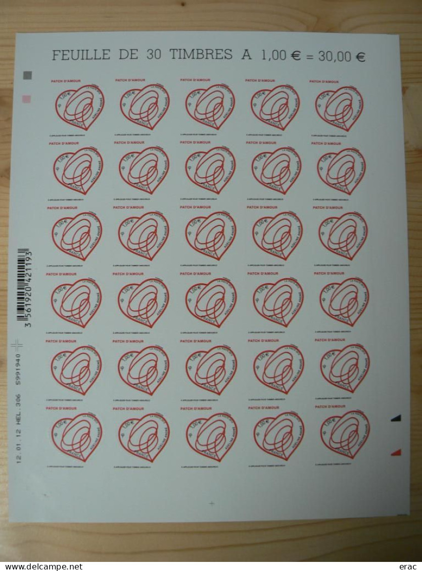 France - 2013 - Feuille Complète Neuve ** De L'autoadhésif N° 649 - Saint Valentin - Patch D'amour - Adeline André - Feuilles Complètes