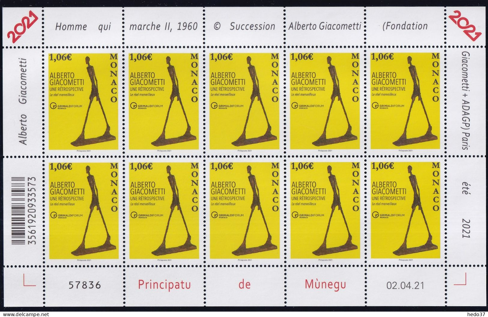 Monaco N°3289 - Giacometti - Feuille Entière - Neuf ** Sans Charnière - TB - Neufs