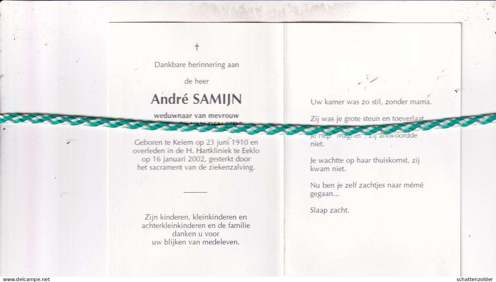 André Samijn-Van Den Eede; Keiem 1910, Eeklo 2002. Foto - Obituary Notices