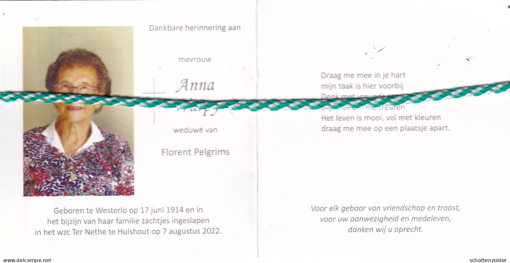 Anna Warpy-Pelgrims, Westerlo 1914, Hulshout 2022. Honderdjarige. Foto - Obituary Notices