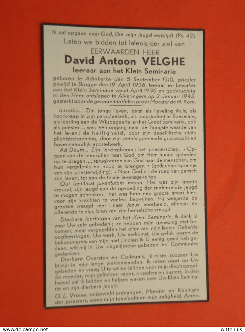Priester - Pastoor David Velghe  Geboren Te Adinkerke 1910  Overleden Te Alveringem  1942   (2scans) - Religion &  Esoterik