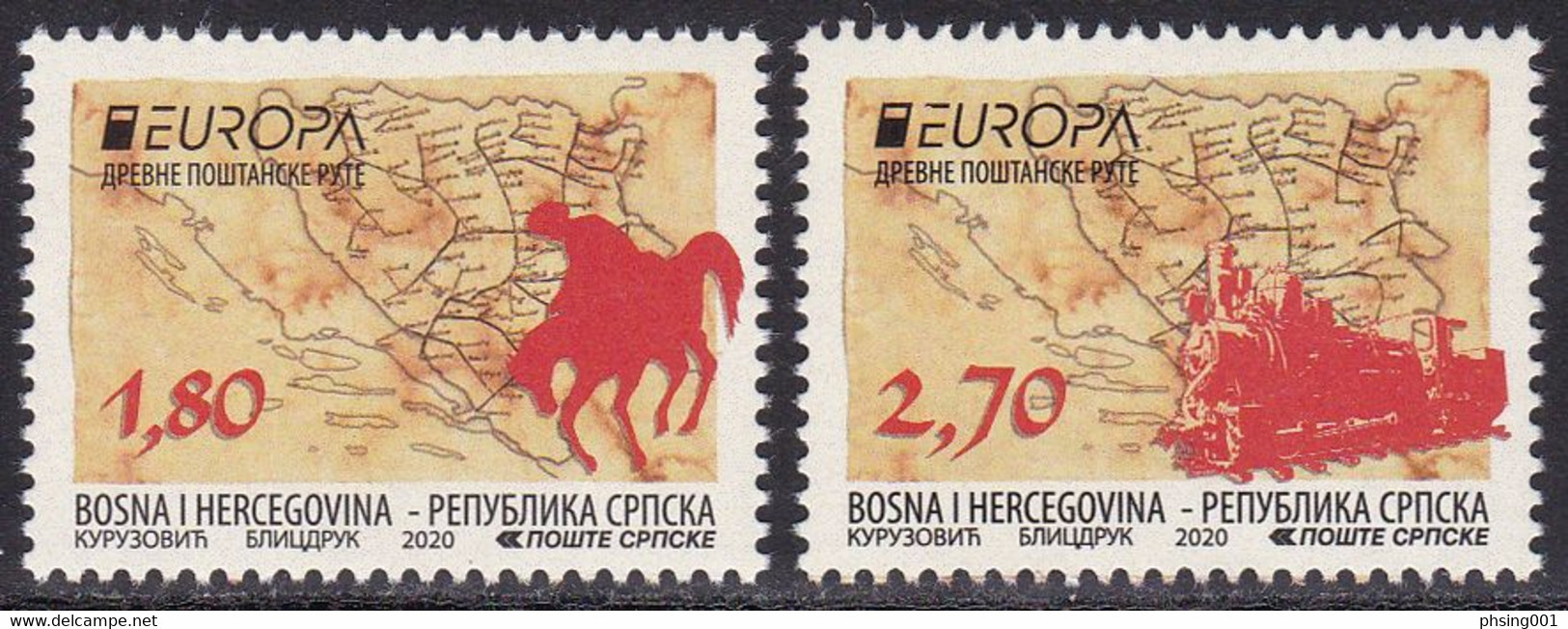 Bosnia Serbia 2020 Europa CEPT Ancient Postal Routes Transportation Trains Railways Horses Fauna Animals Maps Set MNH - Bosnie-Herzegovine