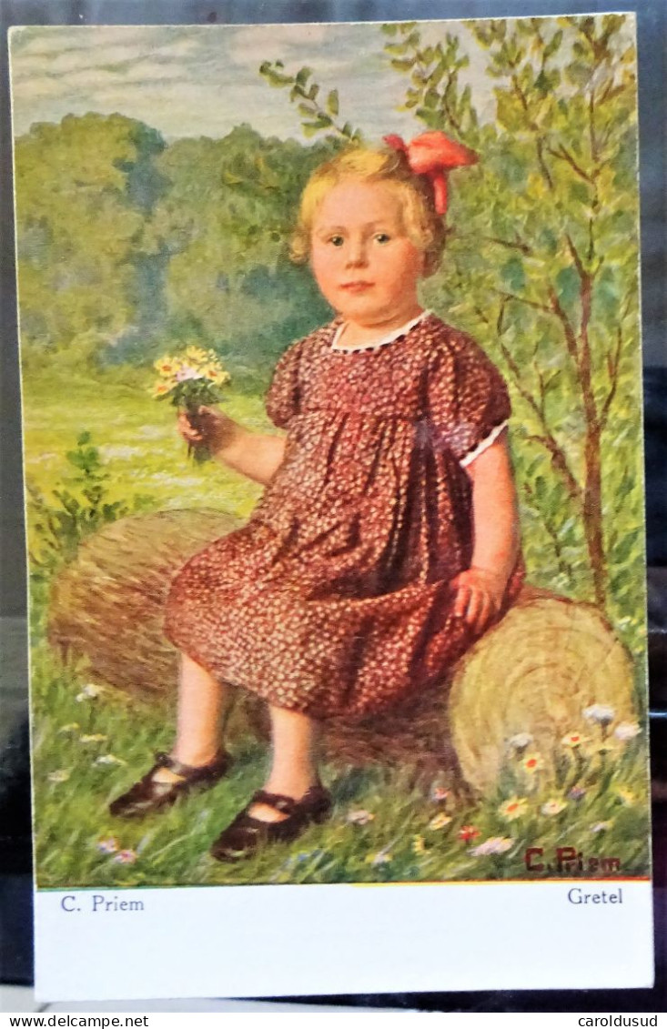 Rare Cpa LITHO ILLUSTRATEUR  C. PRIEM  GRETEL Enfant FILLE FILLETTE ASSISE SUR TRONC PAS VOYAGE - Otros & Sin Clasificación