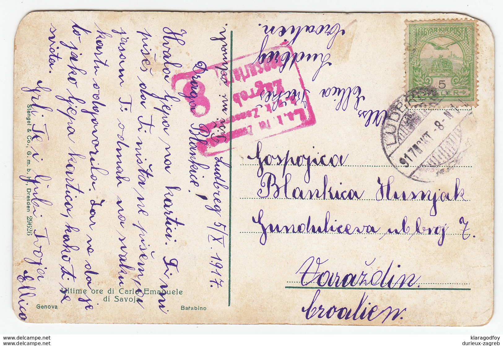"Ultime Ore Di Carlo Emanuele Di Savoja", Barabino Censored Travelled 1917 Ludbreg Pmk B170605 - Familias Reales