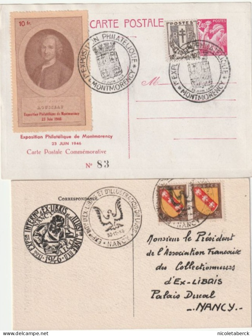 Entier N°654 CP1 Illustrée Obl: Montmorency 23/6/46 Avec Vignette ( Rare) + Carte Espo Du Livre 30/11/45 Nancy. - Lettres & Documents