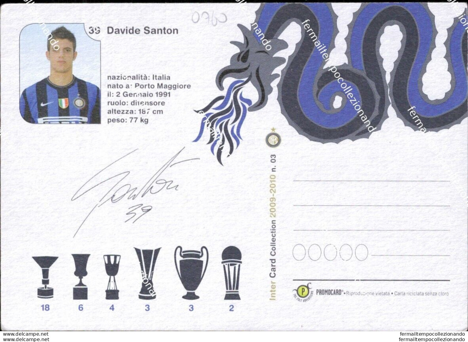 O760 Cartolina   Postcard  Ufficiale  Inter Davine Santon - Soccer