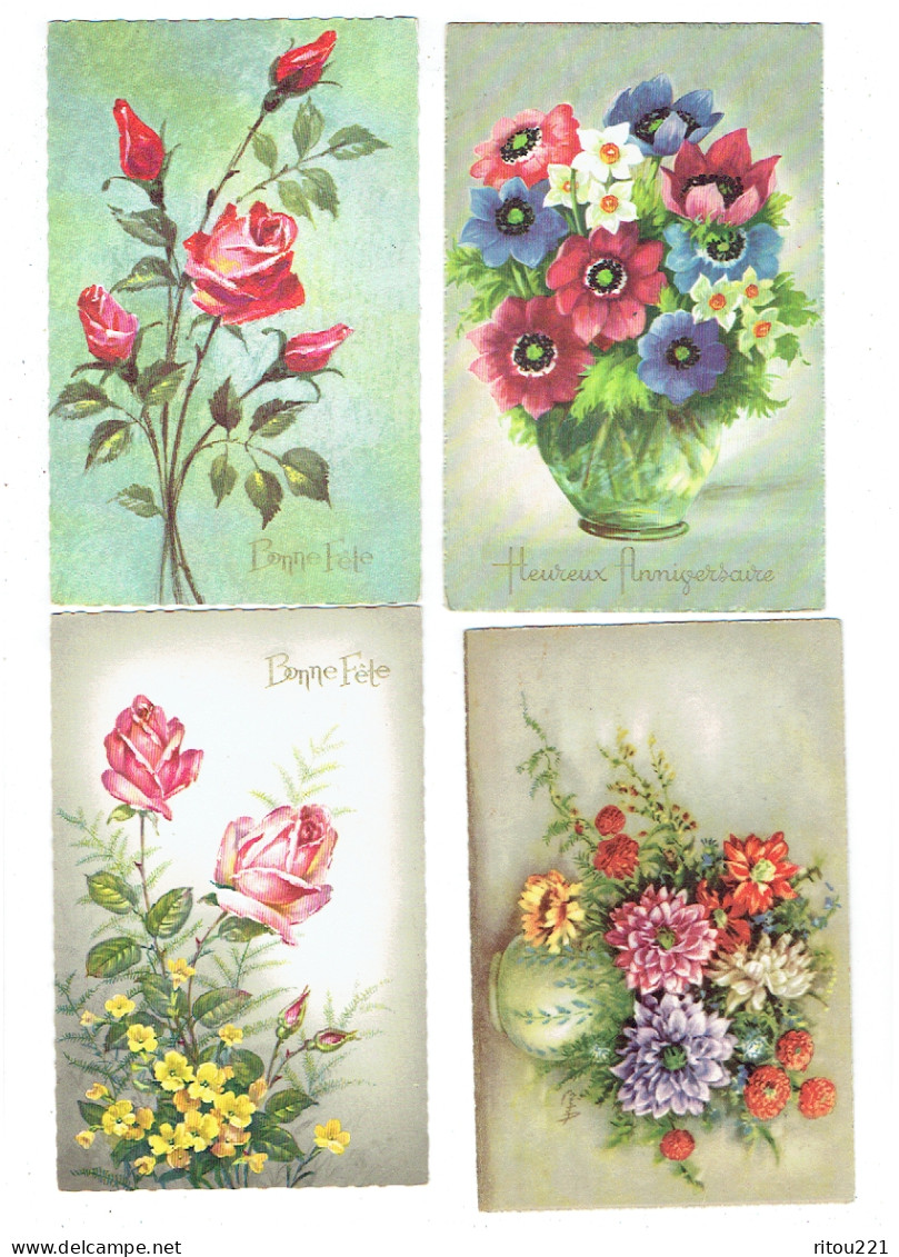 Lot 4 Cpa - Fleur - Illustration - Rose Bonne Fête  Anniversaire - Bloemen