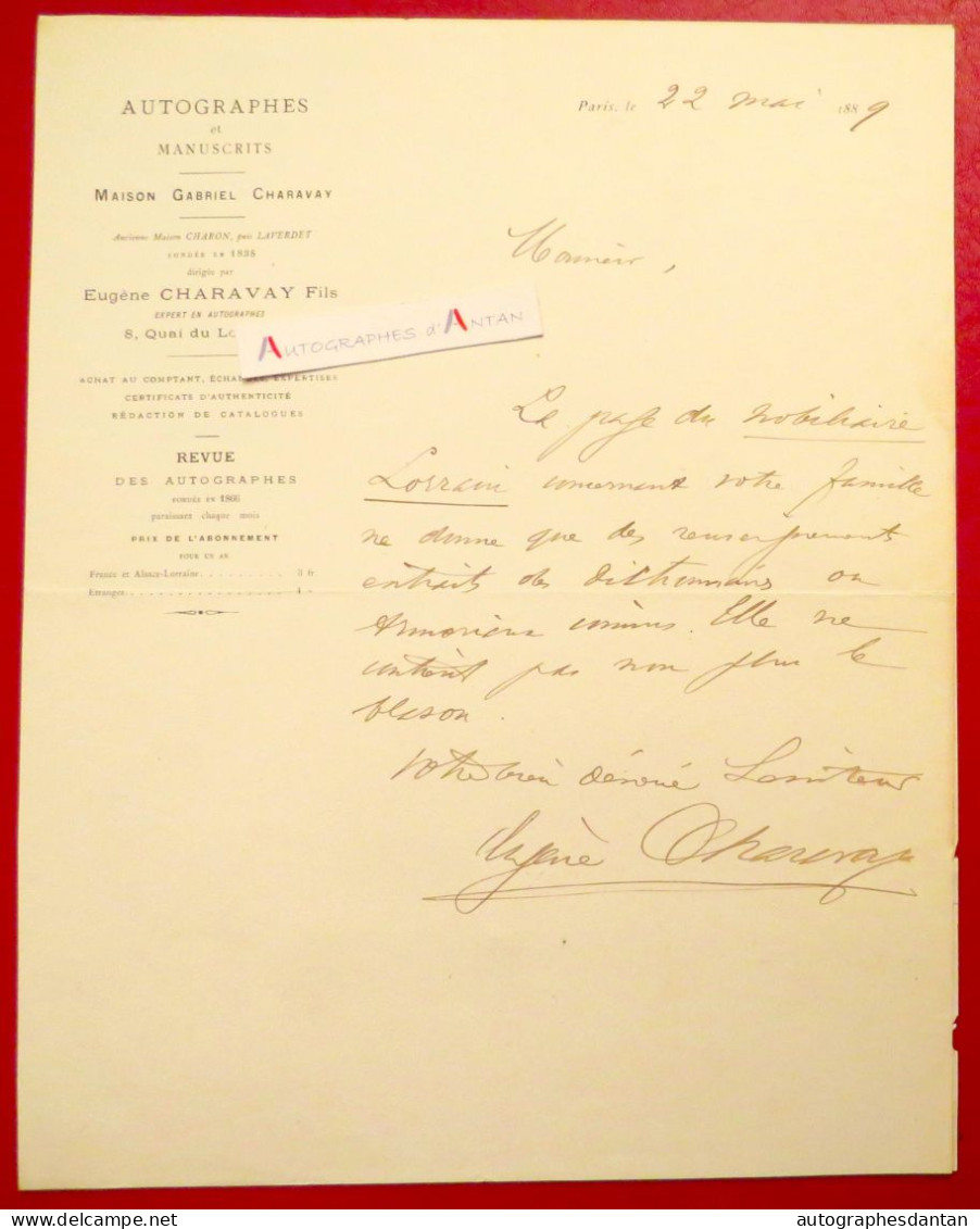 ● L.A.S 1889 Eugène CHARAVAY - Nobiliaire Lorrain - Célèbre Maison De Vente D'autographes Documents Historiques - Lettre - Andere & Zonder Classificatie