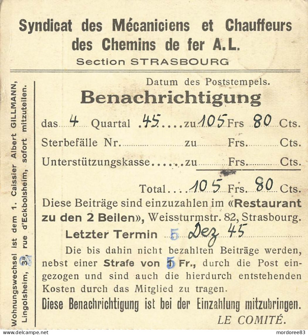 CERES MAZELIN 80C YT 675 SEUL SUR IMPRIME BENACHRICHTIGUNG SYNDICATS CHEMINS DE FER STRASBOURG CAD LINGOLSHEIM 31/10/45 - 1921-1960: Période Moderne