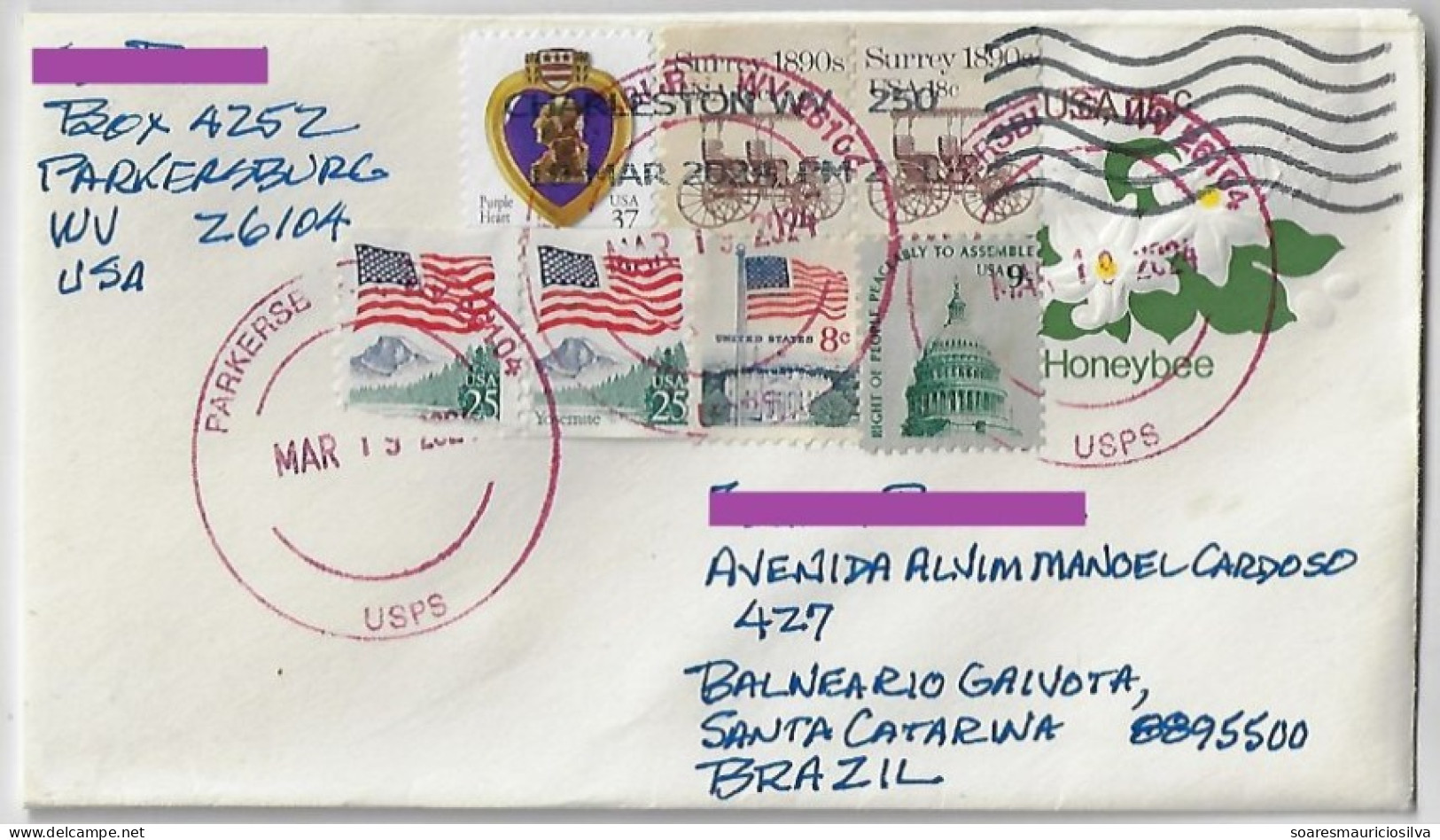 USA United States Postal Stationery Cover Honeybee Flower 15 Cents + 7 Additional Stamp Parkersburg Charleston Brazil - 2011-...