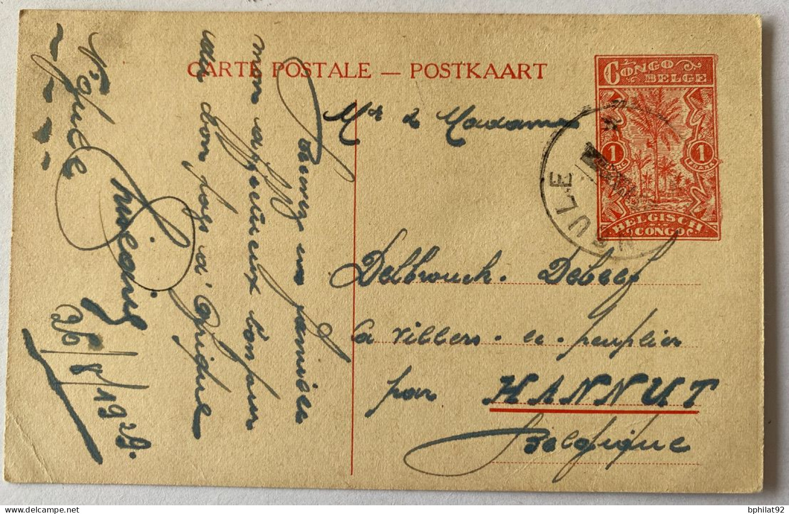 !!! CONGO, 1929 ENTIER POSTAL AU DÉPART D'NGULE POUR HANNUT, CACHET ÉCHOPPÉ - Entiers Postaux