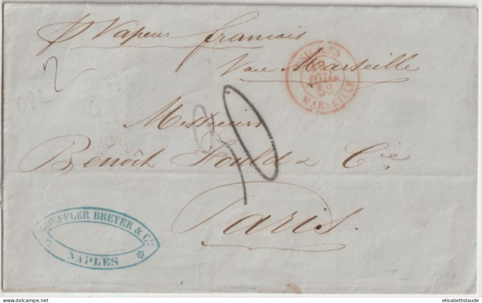 1858 - LETTRE SC De NAPLES - ENTREE D.SICILES MARSEILLE ! VAPEUR FRANCAIS ! => PARIS - Poste Maritime