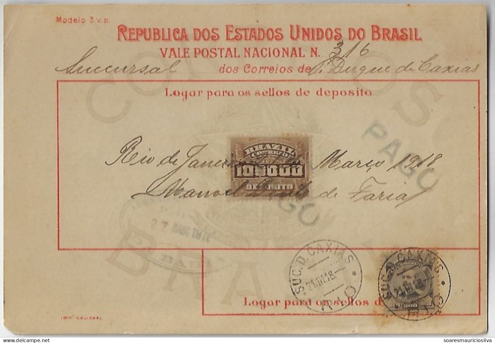 Brazil 1918 Money Order From Rio De Janeiro Agency Duke Of Caxias To Bahia Vale Postal 10,000 Reis Stamp + Definitive - Covers & Documents