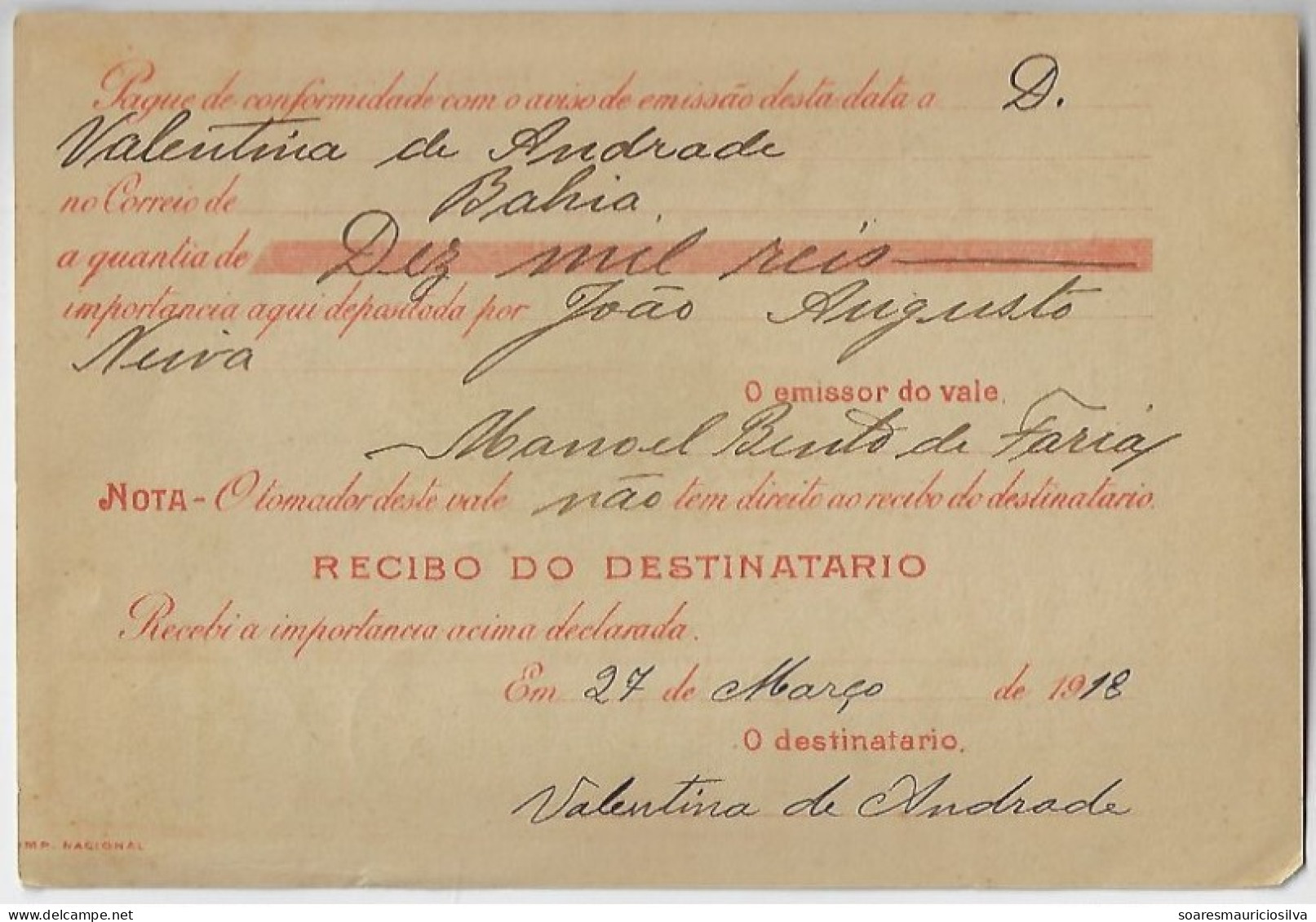 Brazil 1918 Money Order From Rio De Janeiro Agency Duke Of Caxias To Bahia Vale Postal 10,000 Reis Stamp + Definitive - Covers & Documents