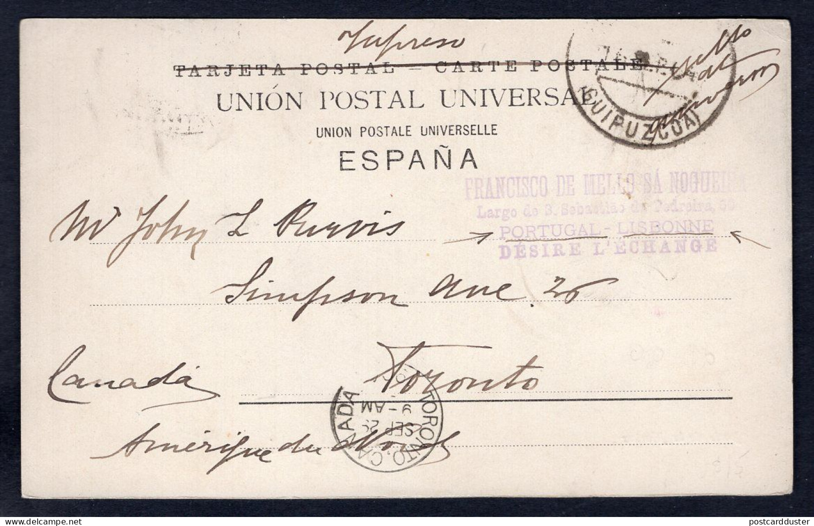 SPAIN Fuenterrabia Postcard 1904 Bario De La Marina. Mailed To Canada (h1052) - Guipúzcoa (San Sebastián)