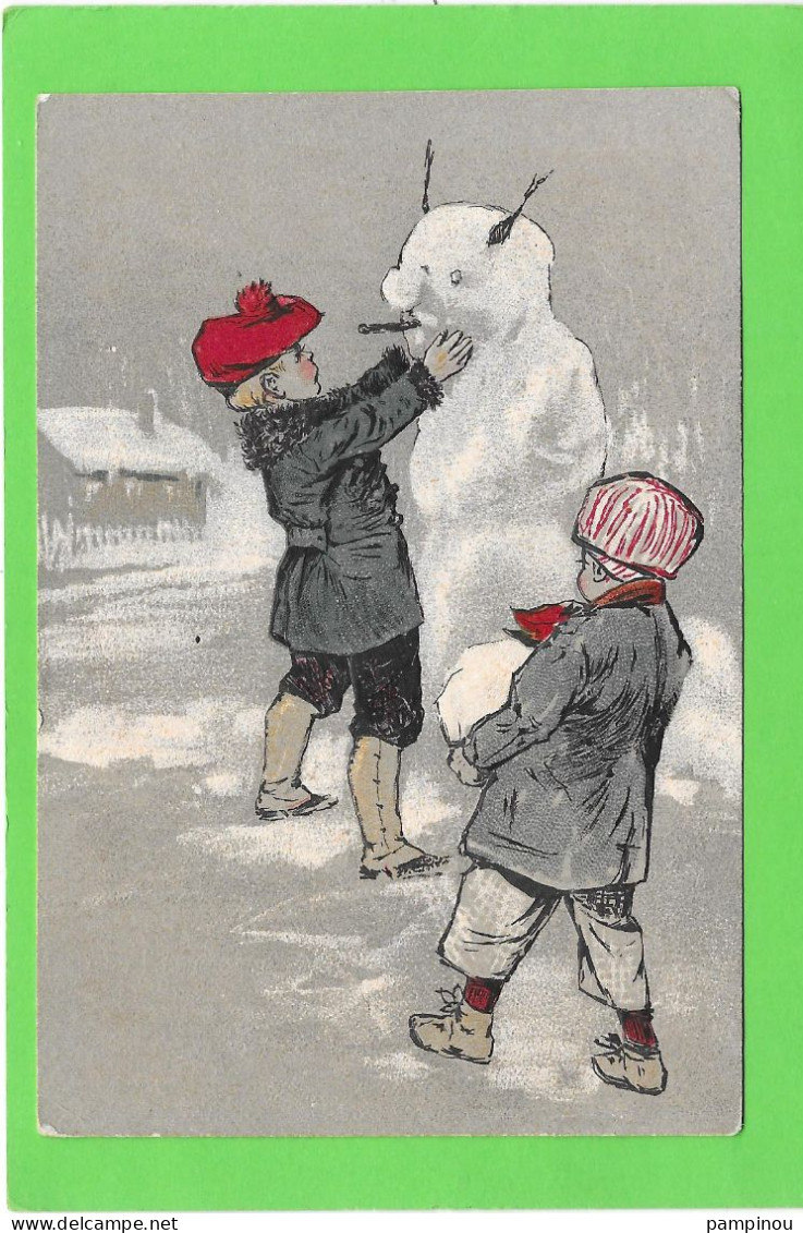 Gaufrée - Enfants Construisant Bonhomme De Neige - Carte Courte - Other & Unclassified