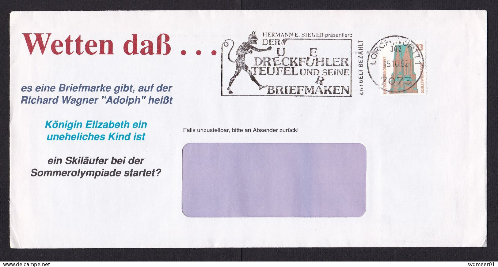 Germany: Advertorial Cover, 1992, 1 Stamp, Church, Cancel Printing Error, Devil, Sent By Sieger (minor Crease) - Lettres & Documents