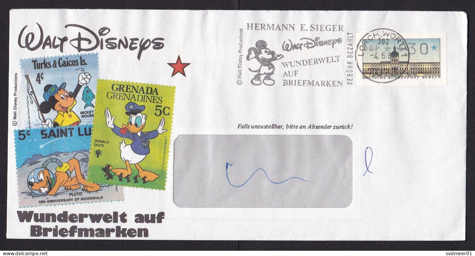 Germany: Advertorial Cover, 1987, ATM Machine Label, Cancel Mickey Mouse, Disney, Sent By Sieger (pen Marking) - Lettres & Documents