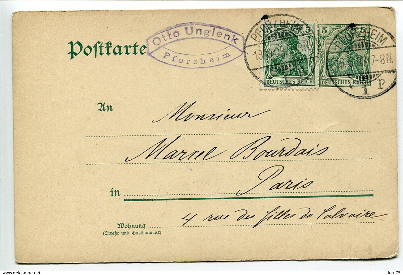 ALLEMAGNE * Poftkarte Pionnière Ecrite 18.6.1903 Par Otto Unglenk à Pforzheim Vers Paris - Pforzheim