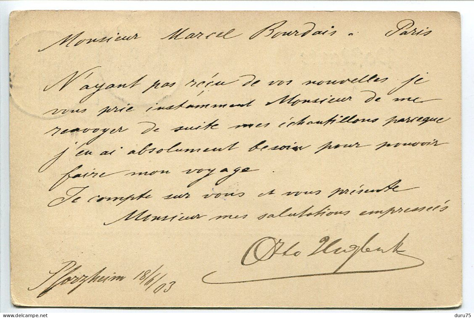 ALLEMAGNE * Poftkarte Pionnière Ecrite 18.6.1903 Par Otto Unglenk à Pforzheim Vers Paris - Pforzheim