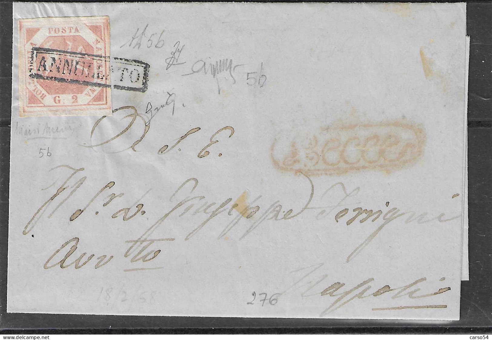 NAPOLI 1858 STEMMA DELLE DUE SICILE 2 Gr.lillarosa Su Lettera (Sassone 5b) Valore Catalogo Euro 4.000 - Neapel