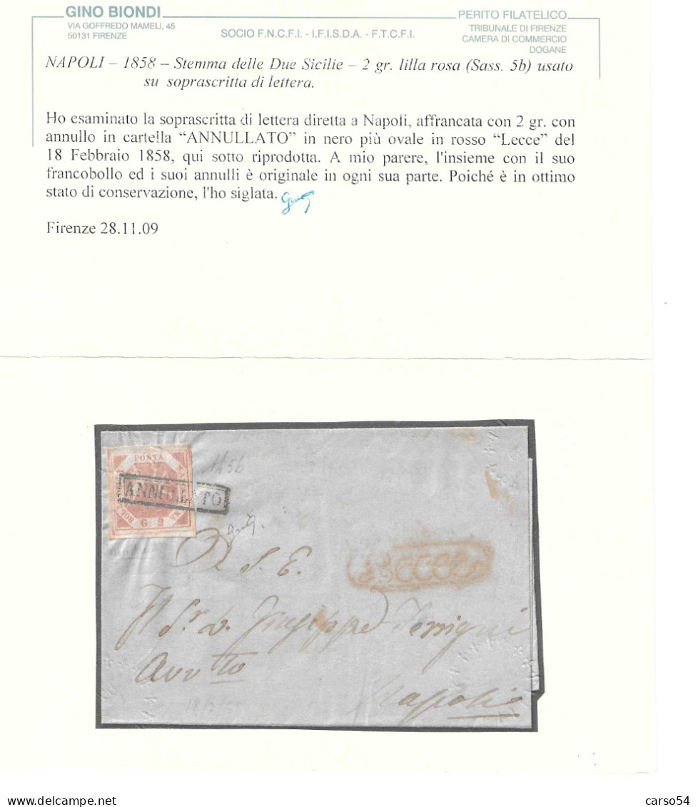 NAPOLI 1858 STEMMA DELLE DUE SICILE 2 Gr.lillarosa Su Lettera (Sassone 5b) Valore Catalogo Euro 4.000 - Napoli