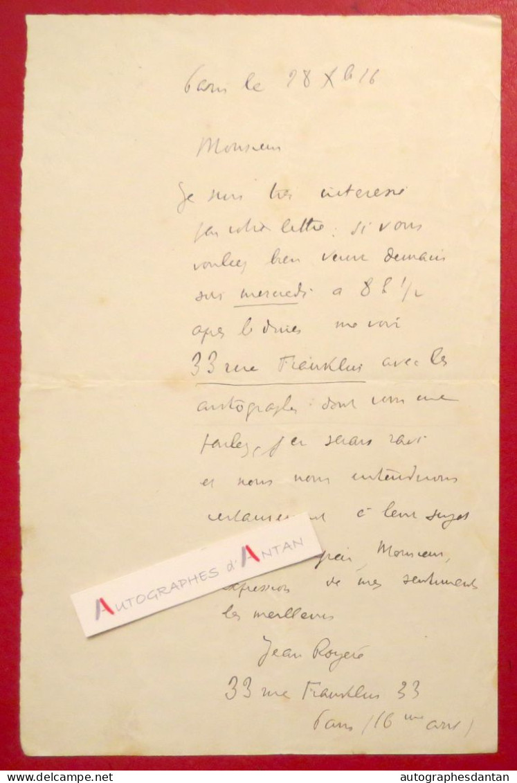 ● L.A.S 1916 Jean ROYERE - Poète & éditeur Né à Aix En Provence - Lettre Autographe 33 Rue Frankin à Paris - Scrittori