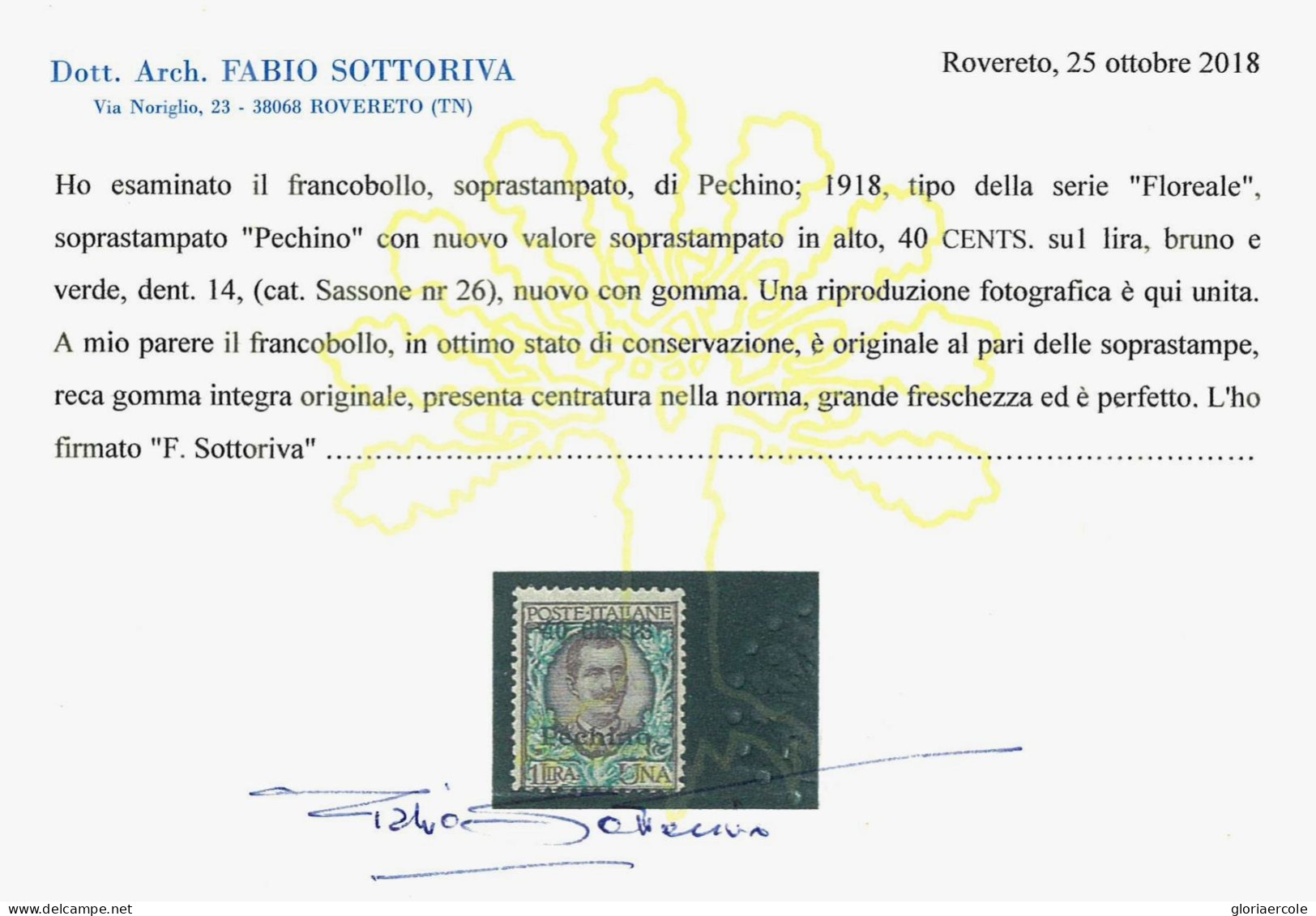 P3113 D- ITALIA , SOVRASTAMPATO PECHINO , SASSONE NR. 26 , GOMMA INTEGRA - Pékin