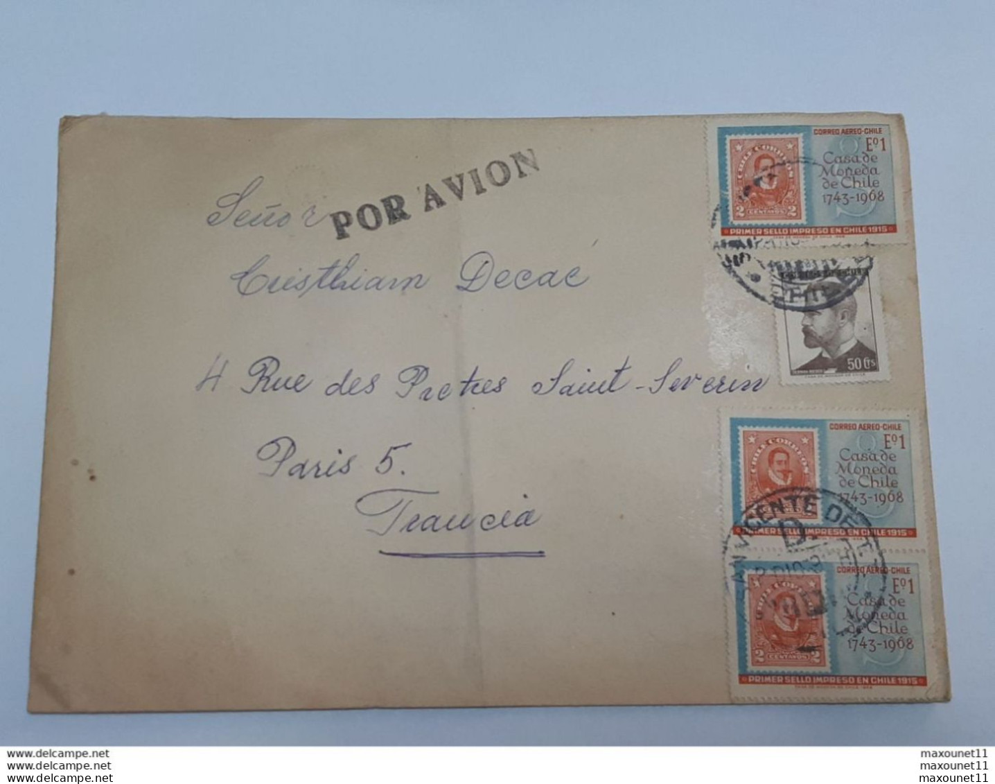 Enveloppe Avec Timbres Du Chili Envoyée " Por Avion " De San Vicente Vers Paris ... Lot125 . - Chili