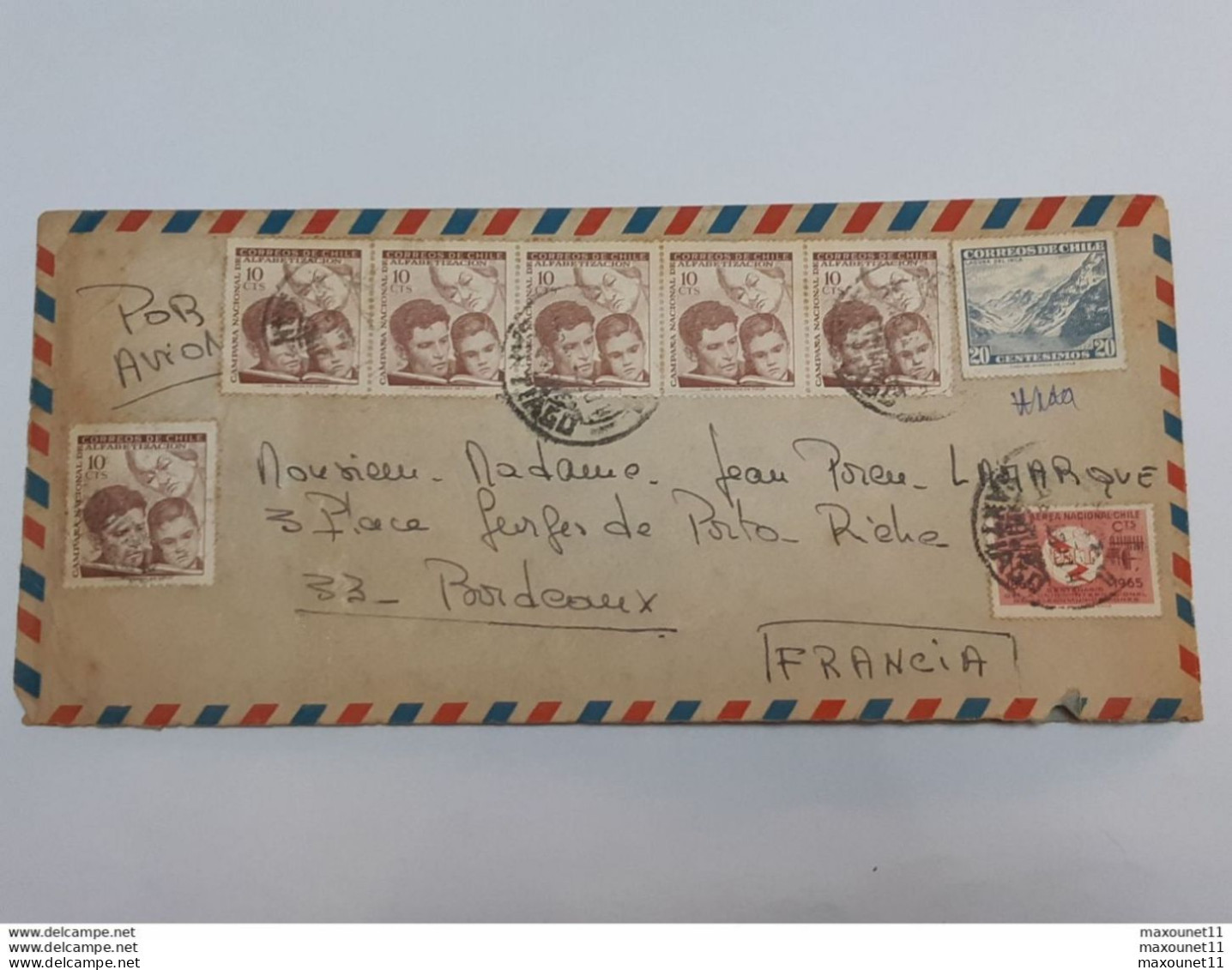 Timbres Du Chili Sur Lettre Envoyée " Por Avion " De L'Ambassade De France à Santiago Vers Bordeaux ... Lot125 . - Chili