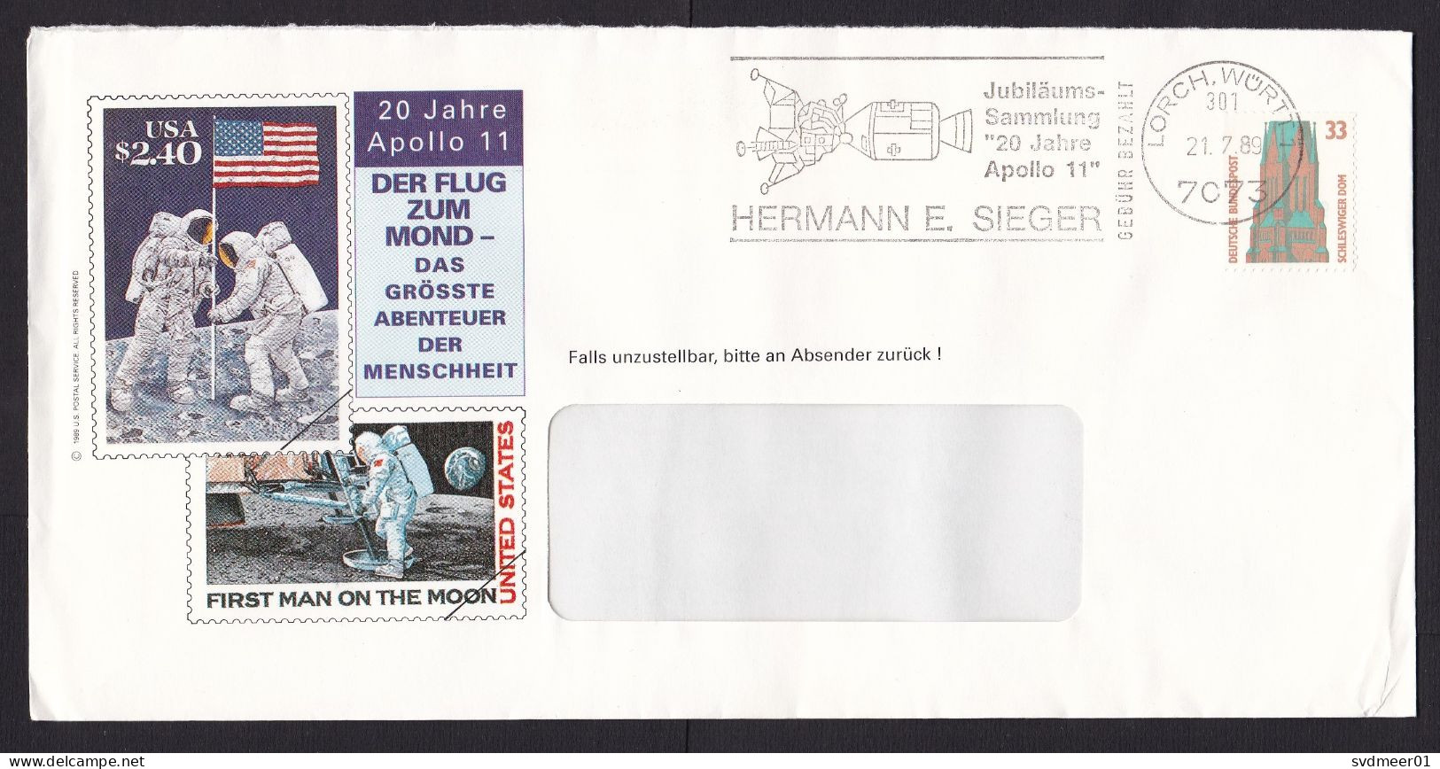 Germany: Advertorial Cover, 1989, 1 Stamp, Church, Cancel Apollo 11, Space, Sent By Sieger (minor Crease) - Briefe U. Dokumente