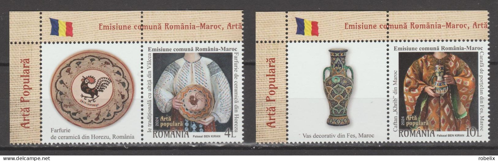 ROMANIA 2024 JOINT ISSUE ROMANIA - MAROC (MOROCCO) - Folk Art  Set Of 2 Stamps With Labels Type 1  MNH** - Emissions Communes