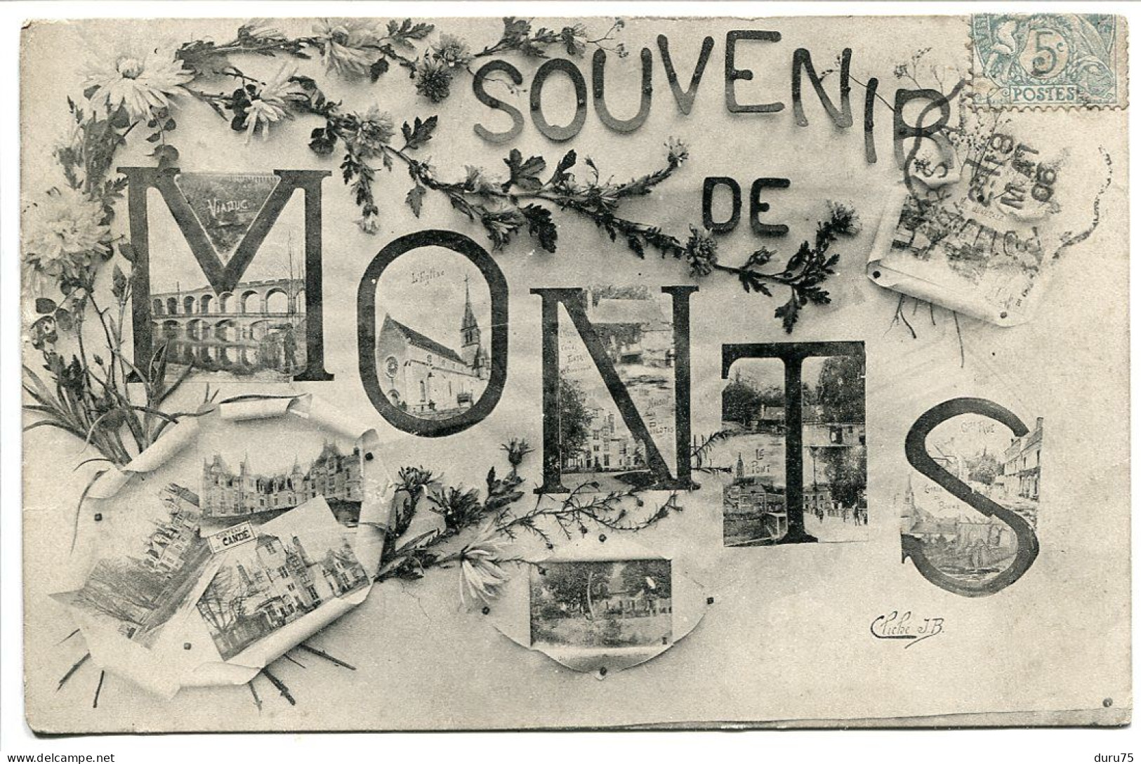 CPA Voyagé 1906 Cachet Ambulant * 37 MONTS (Indre Et Loire ) Souvenir De Monts Multivues Cliché J.B. - Autres & Non Classés