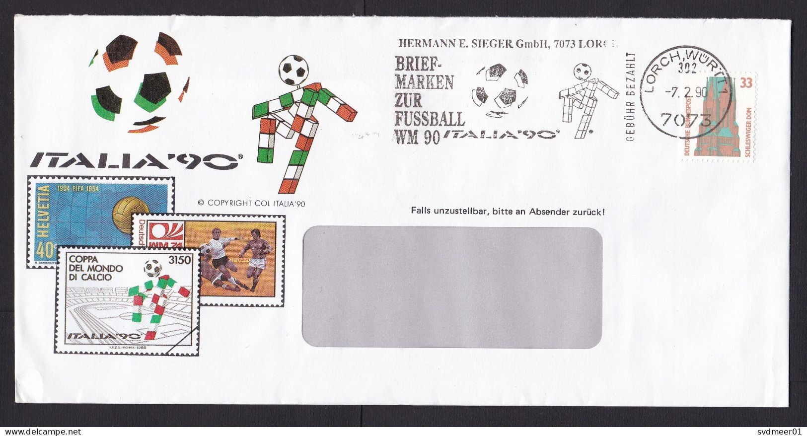 Germany: Advertorial Cover, 1990, 1 Stamp, Church, Cancel Soccer, Football, Sports, Sent By Sieger (traces Of Use) - Covers & Documents