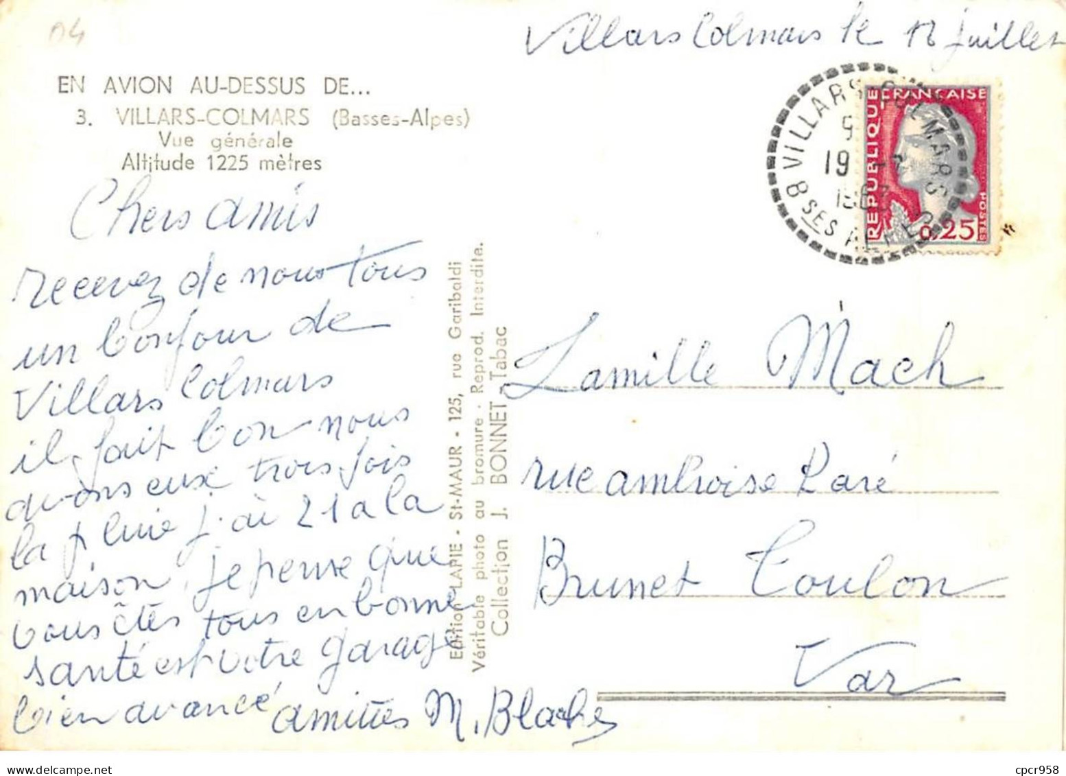 04 . N° Kri10003. Villars-colmars .vue Générale .n°3 . Lapie. Cpsm 10X15 Cm . - Sonstige & Ohne Zuordnung