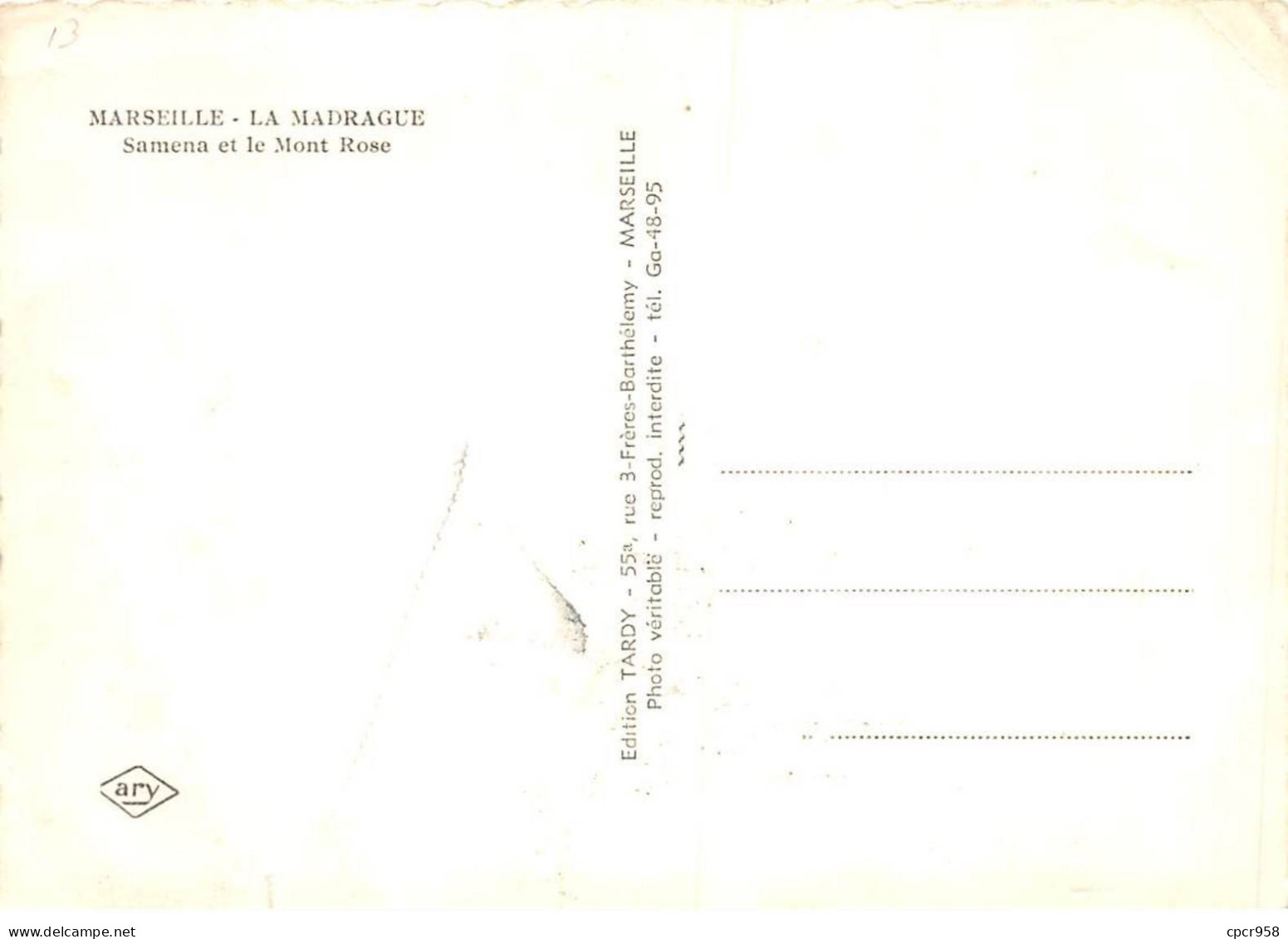 13 . N°kri10154 . Marseille-la Madrague. Samena Et Le Mont Rose  . N°ga-48-95. Edition Tardy. Cpsm 10X15 Cm . - Zonder Classificatie