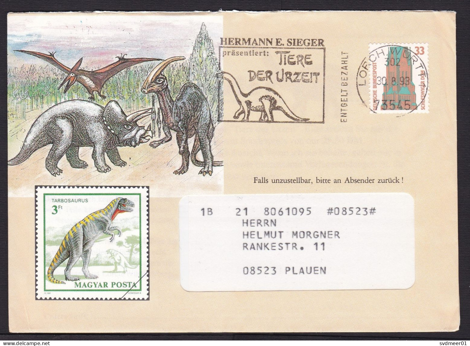 Germany: Advertorial Cover, 1993, 1 Stamp, Church, Cancel Prehistoric Animal, Dinosaur, Sent By Sieger (minor Crease) - Lettres & Documents