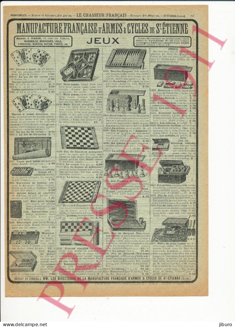 Publicité 1911 Jeux De Société Jacquet Tric-trac Jeu De Dames Nain Jaune Tapis Pour Cartes Jeu D'Echecs Dominois Loto - Publicités