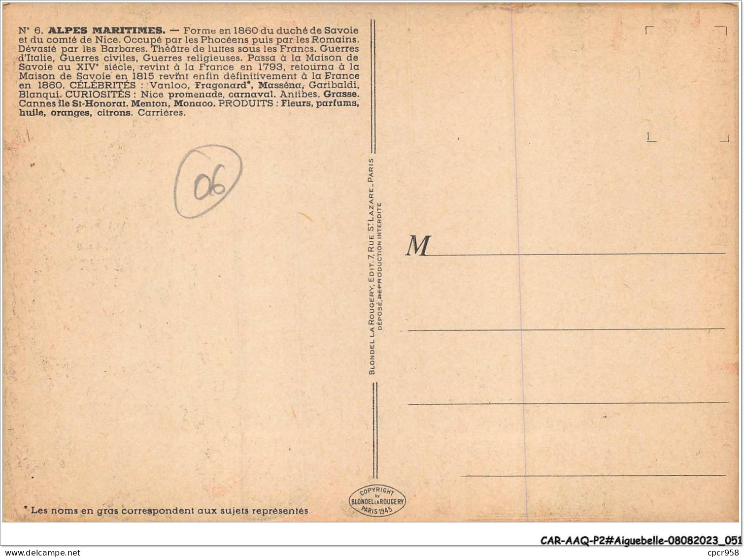 CAR-AAQP2-0085 - AIGUEBELLE - ALPES-MARITIMES - Formé En 1860 Du Duché De Savoie Et Du Comté De Nice - Sonstige & Ohne Zuordnung