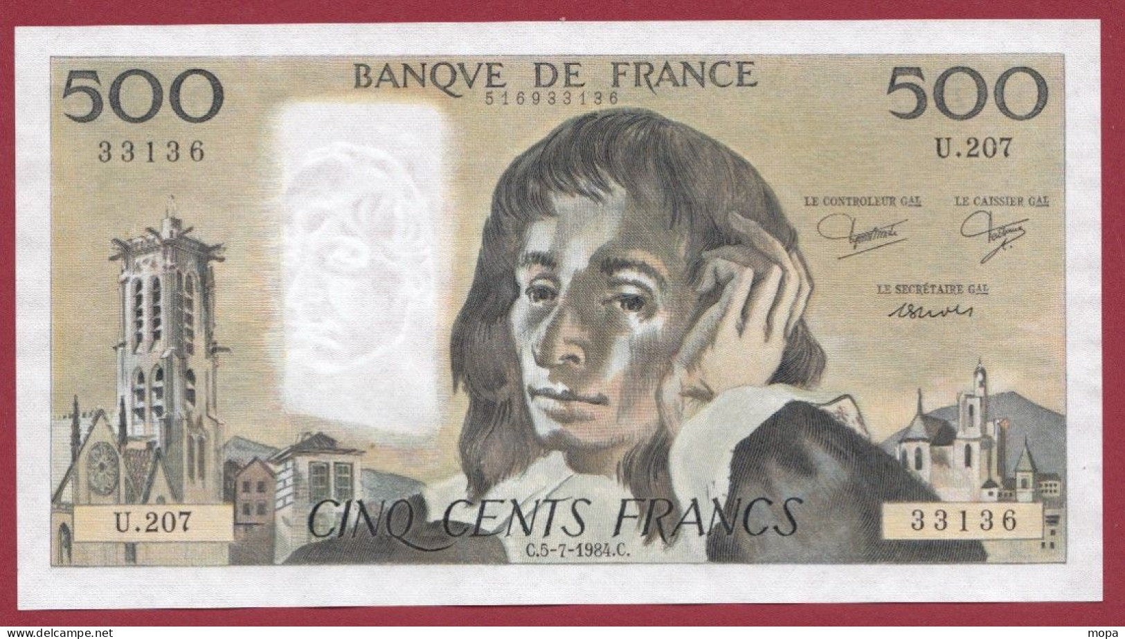 500 Francs "Pascal"- Du 05/07/1984.C--Alph U.207- 1 TROU D EPINGLE --SUP-- (968) - 500 F 1968-1993 ''Pascal''