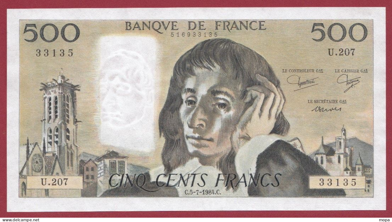 500 Francs "Pascal"- Du 05/07/1984.C--Alph U.207- 1 TROU D EPINGLE --SUP-- (969) - 500 F 1968-1993 ''Pascal''