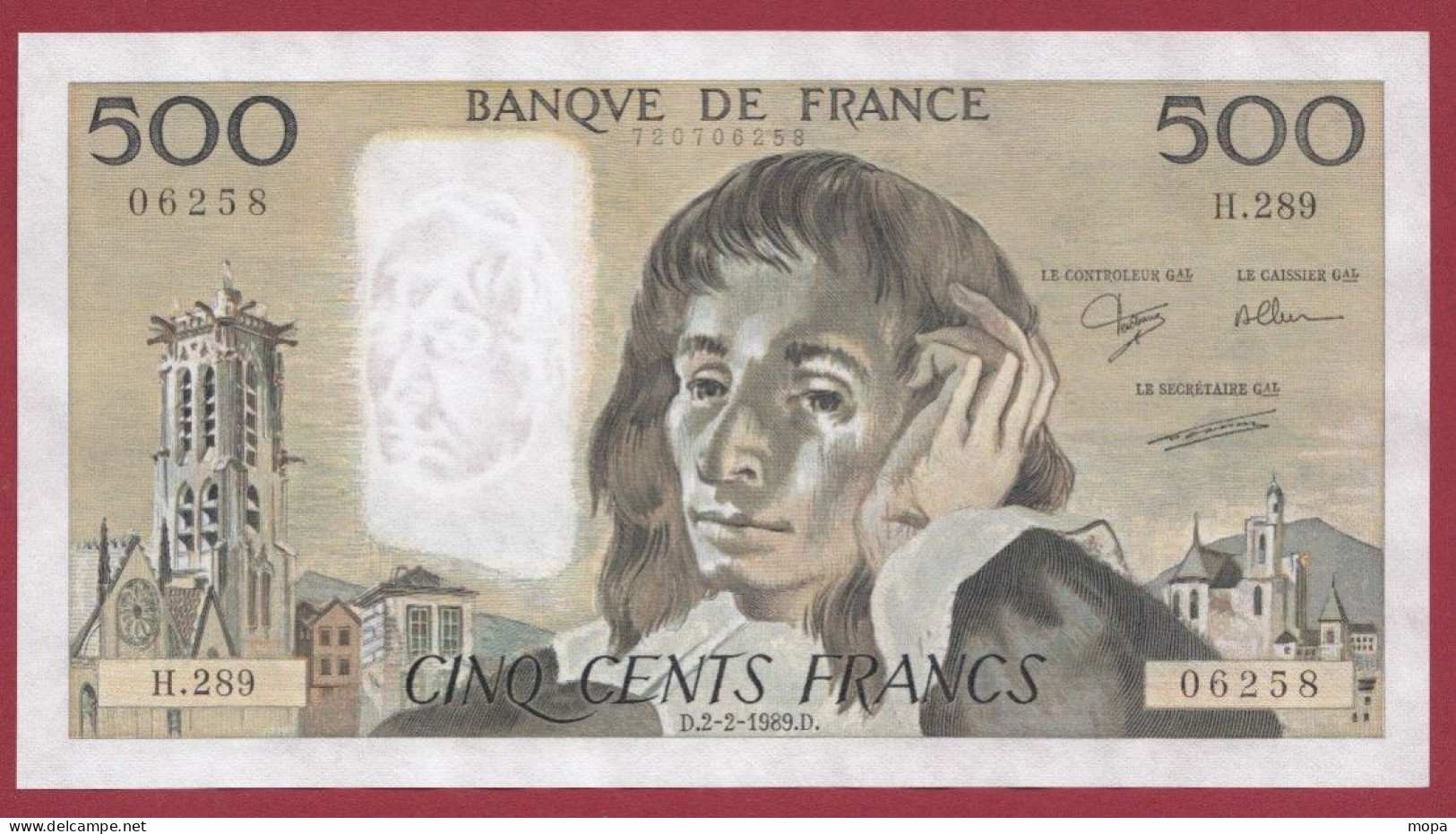 500 Francs "Pascal"- Du 02/02/1989.d--Alph H.289- 2 TROU D EPINGLES--SUP  -- (973) - 500 F 1968-1993 ''Pascal''