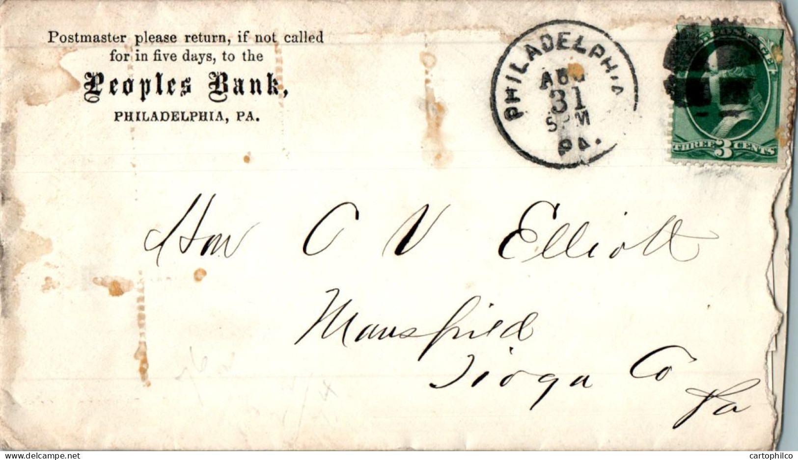 US Cover 3c Philadelphia Peoples Bank To Mansfield Tioga Pa - Briefe U. Dokumente