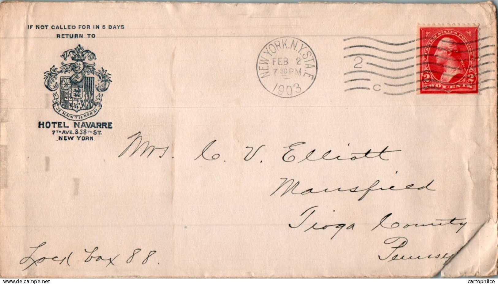 US Cover 2c New York Hotel Navarre For Mansfield Tioga Penn - Cartas & Documentos