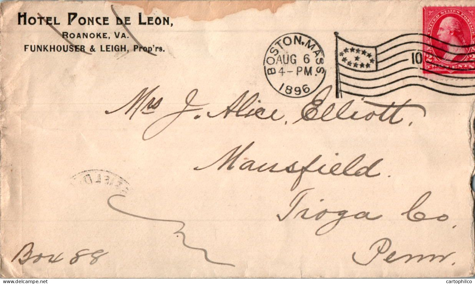 US Cover 2c 1896 Boston Hotel Ponce De Leon Roanoke  For Mansfield Tioga Penn - Briefe U. Dokumente