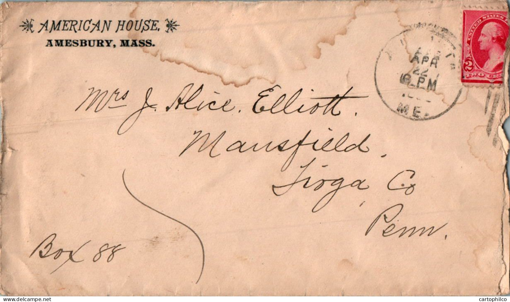 US Cover 2c 1893 American House Amesbury Mass For Mansfield Tioga Penn - Covers & Documents