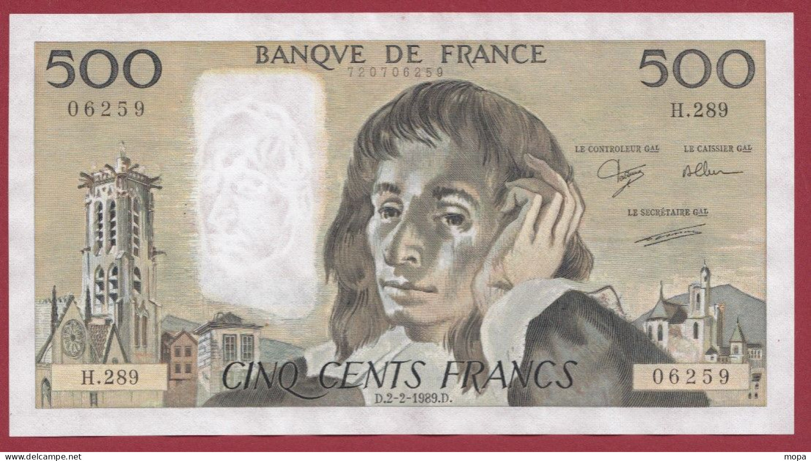 500 Francs "Pascal"- Du 02/02/1989.D--Alph H.289- 2 TROU D EPINGLES--SUP  -- (974) - 500 F 1968-1993 ''Pascal''