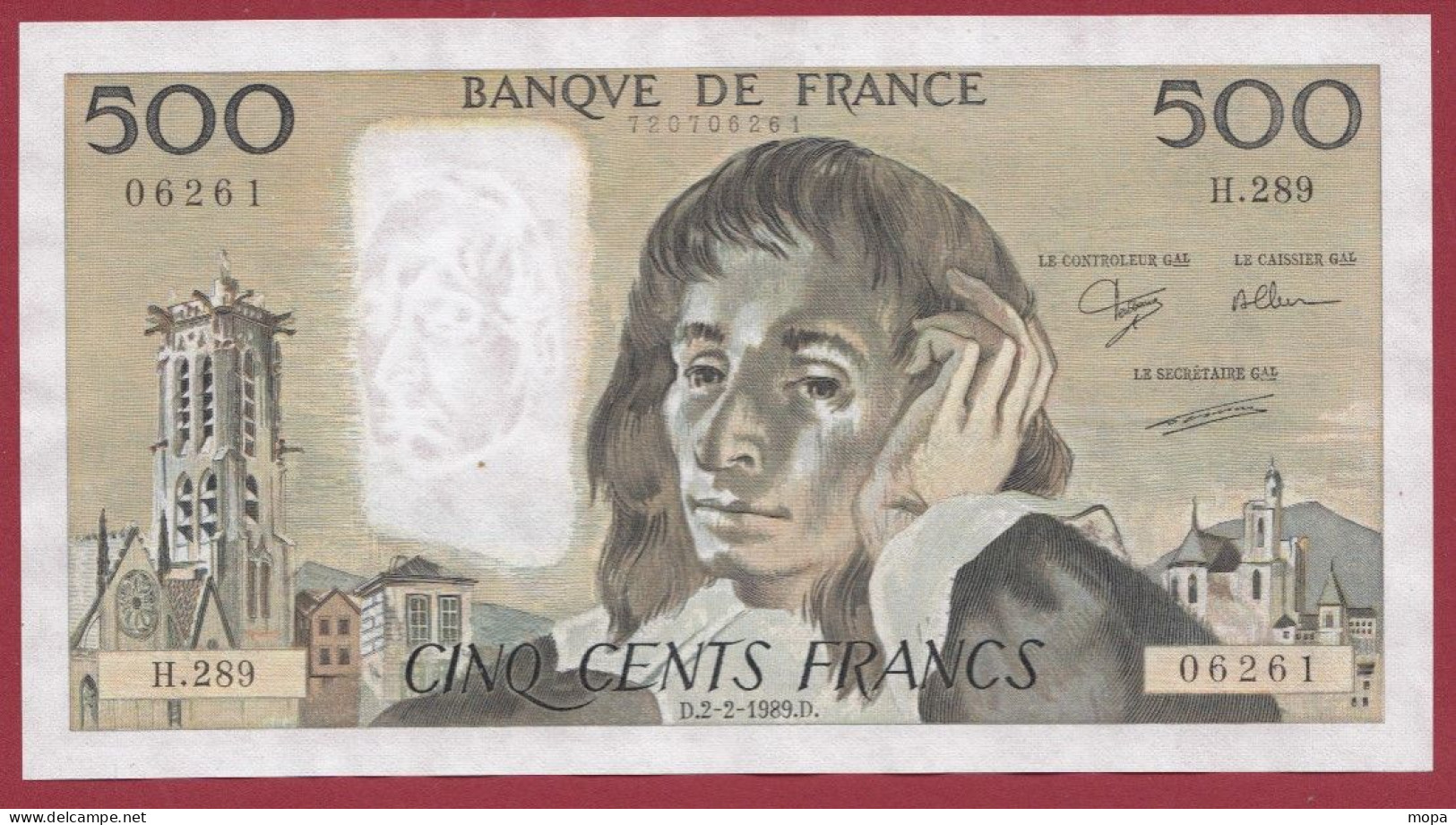 500 Francs "Pascal"- Du 02/02/1989.D--Alph H.289- 2 TROU D EPINGLES--SUP  -- (976) - 500 F 1968-1993 ''Pascal''