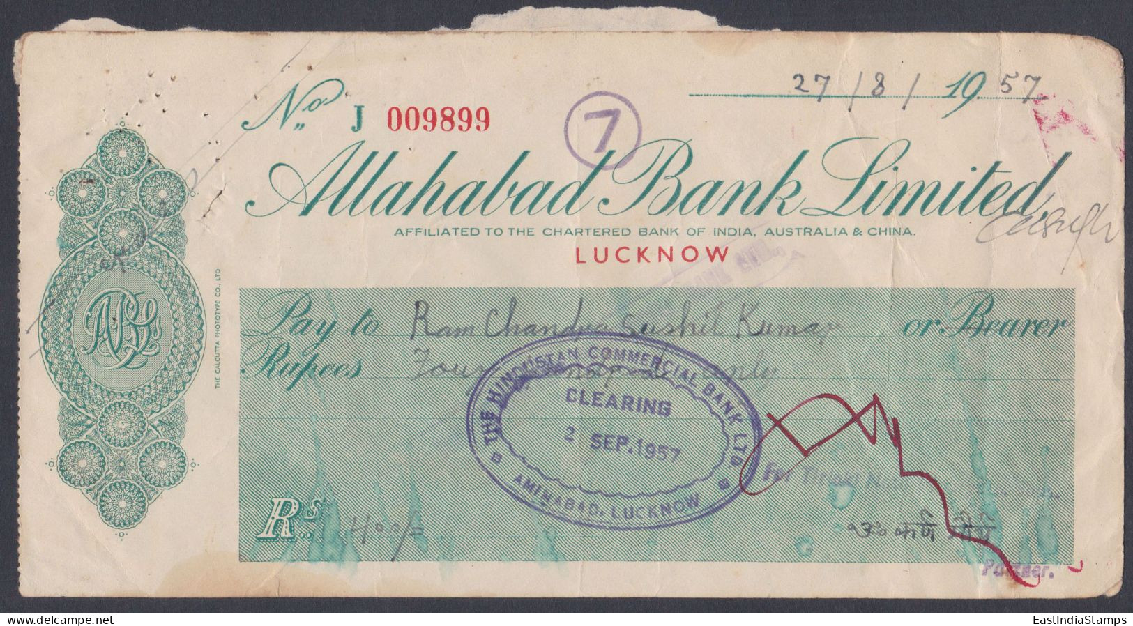 Inde British India 1957 The Allahabad Bank Check, Cheque - Lettres & Documents